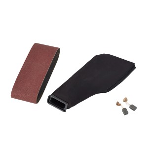 Akcesoria do szlifierki taśmowej: pas szlifierski, worek na pył i szczotki węglowe.