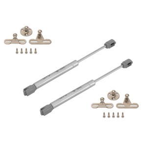 Zestaw okuć meblowych t.b.t. składający się z amortyzatorów, wsporników i śrub.