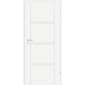 Białe drzwi wewnętrzne t.b.t. z trzema poziomymi listwami ozdobnymi i srebrną klamką.