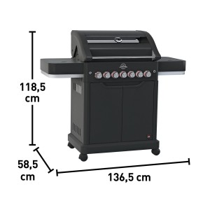 Czarny grill gazowy o wymiarach: wysokość 118,5 cm, głębokość 58,5 cm, szerokość 136,5 cm.