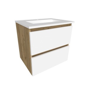 Szafka pod umywalkę t.b.t. z dwiema szufladami, wygląd drewna i biała umywalka.