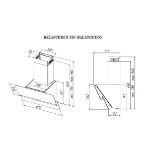 Rysunek techniczny okapu ściennego t.b.t. z wymiarami.