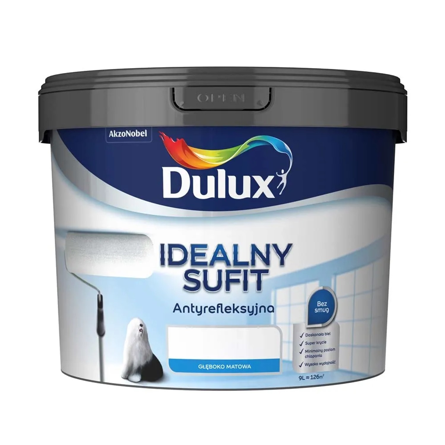 Wiadro białej farby do sufitów Dulux "Idealny Sufit" (9 l).