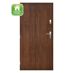 Brązowe drzwi zewnętrzne z srebrną klamką i zamkiem. Drzwi wejściowe.