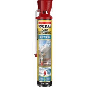 Puszka pianki montażowej, czerwono-żółty design.