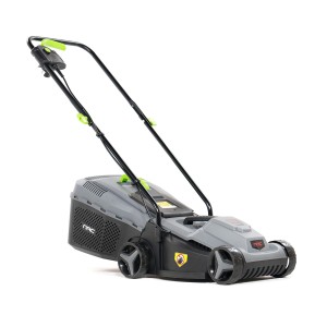 Szary elektryczny t.b.t. z koszem na trawę.