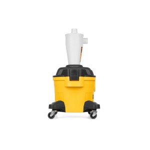 Żółty odkurzacz do pracy na sucho i mokro z kółkami i separatorem cyklonowym.