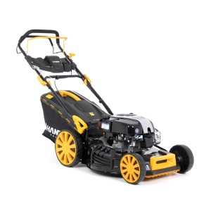 Czarna kosiarka spalinowa t.b.t. z żółtymi akcentami.