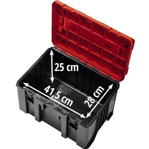Otwarty kuferek na narzędzia Einhell Systemkoffer E-Case M z czerwoną pokrywą i wymiarami.