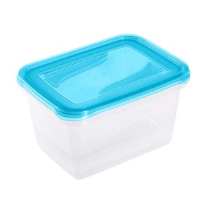 Przezroczysty pojemnik na żywność z niebieską pokrywką.