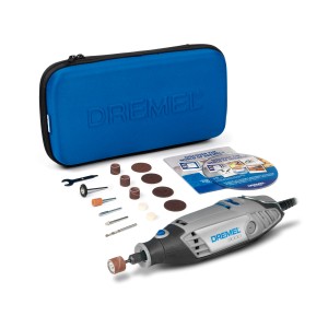 Zestaw narzędzi wielofunkcyjnych Dremel z akcesoriami i niebieską walizką. Wszechstronne elektronarzędzie dla majsterkowiczów.