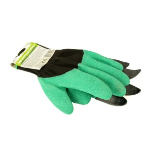 Zielone rękawice ogrodowe z czarnymi pazurami do prac ogrodowych.