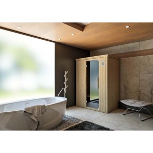 Drewniana sauna z szklanymi drzwiami w łazience. Czysty relaks z sauną t.b.t.