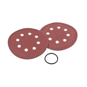 Tarcze szlifierskie do szlifierek, czerwono-brązowe, z otworami i gumowym pierścieniem.