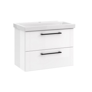 Biała szafka pod umywalkę t.b.t. z dwiema szufladami i czarnymi uchwytami.