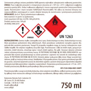 Etykieta puszki z podkładem t.b.t. z ostrzeżeniami i pojemnością 750 ml.