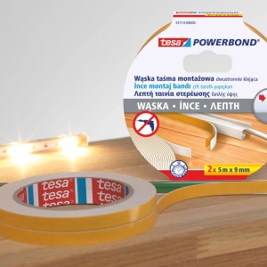 Taśma montażowa Tesa Powerbond, wąska, dwustronna, rolka na drewnie.