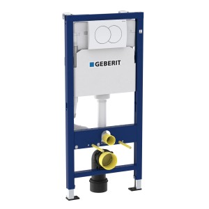 Zestaw WC t.b.t. z niebieską ramą i spłuczką Geberit.