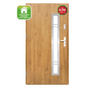 Drzwi zewnętrzne z efektem drewna i wstawką szklaną. Drzwi wejściowe do domu.