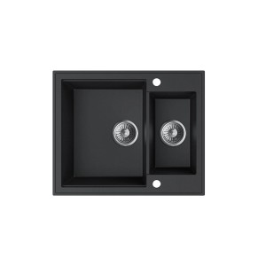 Czarny zlewozmywak granitowy t.b.t. z dwiema komorami i armaturą odpływową.