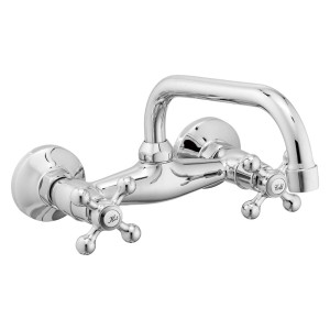 Błyszcząca dwuuchwytowa armatura ścienna o nostalgicznym wyglądzie.