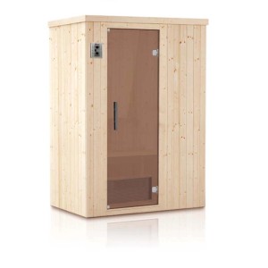 Drewniana sauna ze szklanymi drzwiami i elementami sterującymi.