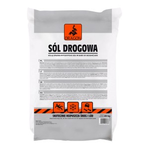 Sól drogowa Dragon w 20 kg worku, do posypywania chodników i rozpuszczania śniegu i lodu.