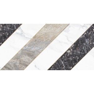 Płytka dekoracyjna z efektem marmuru w kolorze białym, szarym i czarnym, oddzielona złotymi liniami.