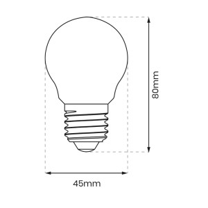 Szkic żarówki LED E27 z wymiarami (80x45mm).