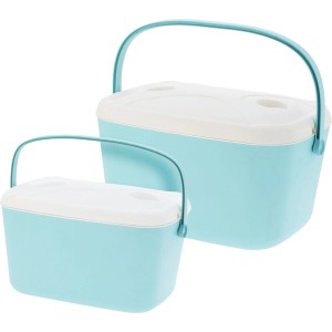 Dwa niebieskie pojemniki termoizolacyjne (t.b.t.) do akcesoriów kempingowych, różne rozmiary.