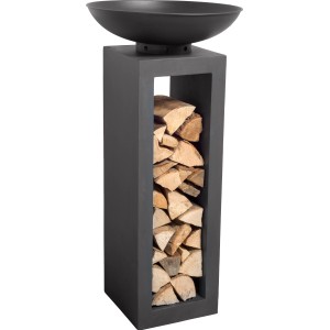 Czarne palenisko na konsoli z miejscem na drewno, Ø 50 cm, wysokość 105 cm. Idealne do ogrodu i na taras.