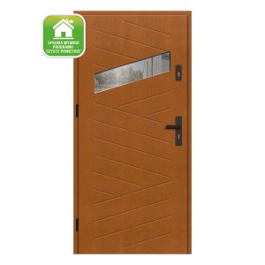 Nowoczesne drzwi zewnętrzne z oknem i efektem drewna. Drzwi wejściowe do domu.