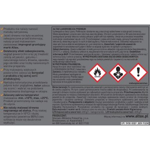 Zbliżenie etykiety puszki z lakierobejcą do drewna.