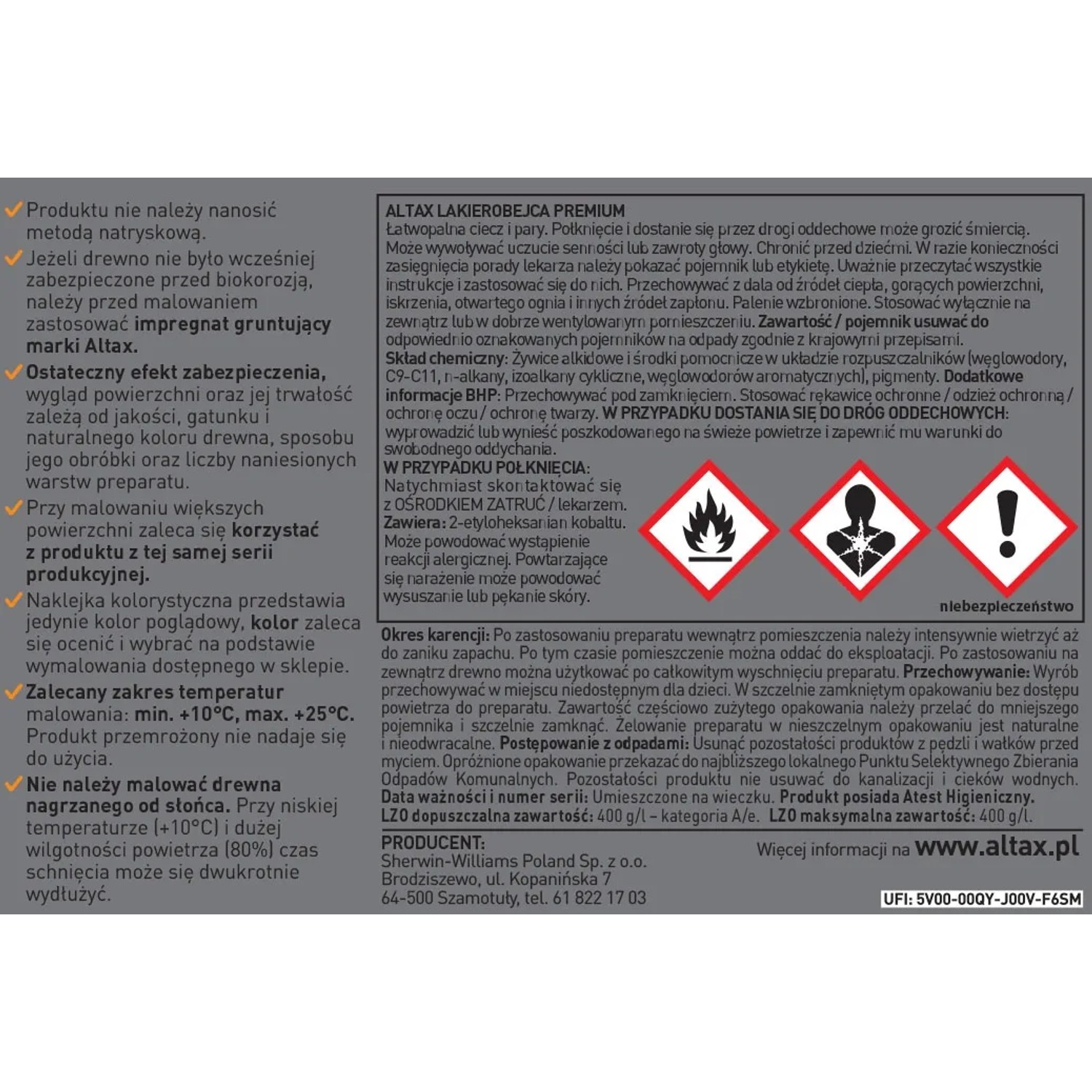 Zbliżenie etykiety puszki z lakierobejcą do drewna.