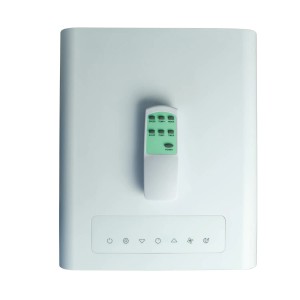 Biały klimatyzator t.b.t. z pilotem. Kompaktowa konstrukcja dla komfortowej temperatury w pomieszczeniu.