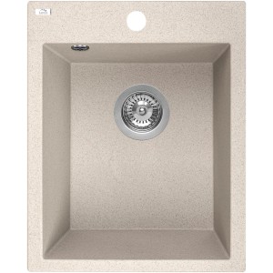 Beżowy zlewozmywak granitowy t.b.t. z armaturą odpływową i otworem na kran.