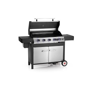 Landmann GG-IV-510SSDE wózek grillowy gazowy, czarno-srebrny grill z 5 palnikami i schowkiem.