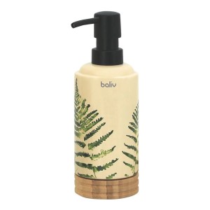 Dozownik do mydła t.b.t. ze wzorem paproci i drewnianą podstawą do łazienki.