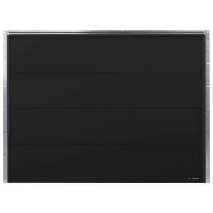 Czarna brama garażowa o poziomej strukturze paneli.