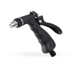 Czarny pistolet ogrodowy z regulowaną dyszą do podlewania ogrodu.