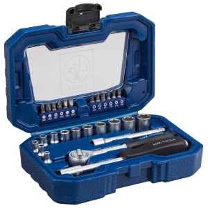 28-częściowy zestaw kluczy nasadowych LUX Classic 6,3 mm (1/4) w niebieskiej plastikowej walizce.