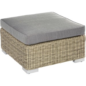 Podnóżek Stratford Nature: Modułowe meble ogrodowe z szarą poduszką i wyplotem z polyrattanu.