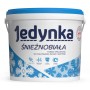 Wiadro białej farby do ścian Jedynka z niebieską pokrywką i motywem płatków śniegu.