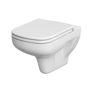 Biały zestaw WC wiszącego ze spłukiwaniem bezkołnierzowym, deską sedesową i głębokim spłukiwaniem.