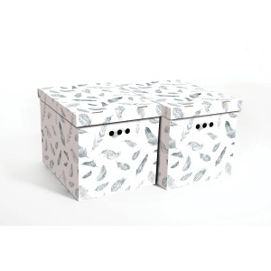 Dwa kartonowe pudełka t.b.t. ze wzorem piór, idealne do przechowywania.