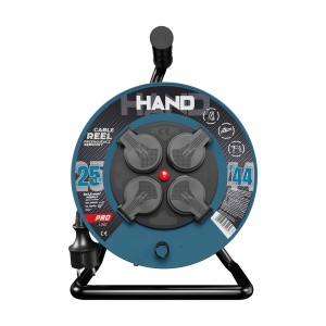 Niebieski przedłużacz bębnowy z 4 gniazdami i czarną metalową ramą.