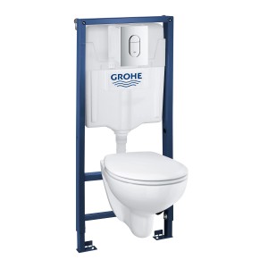 Zestaw WC wiszącego ze spłuczką i niebieską ramą montażową.