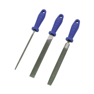 Zestaw pilników LUX, 3-częściowy: pilnik płaski, okrągły i półokrągły z niebieską rączką.