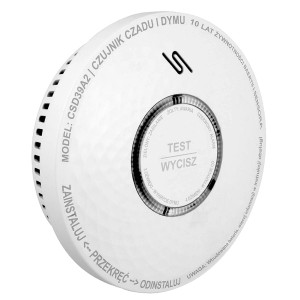 Biały czujnik dymu do sygnalizacji alarmowej, model CSD39A2.