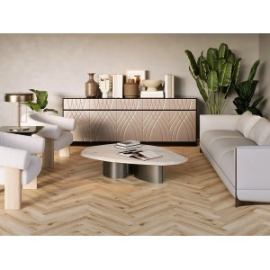 Salon z jasnymi panelami winylowymi t.b.t. imitującymi drewno.